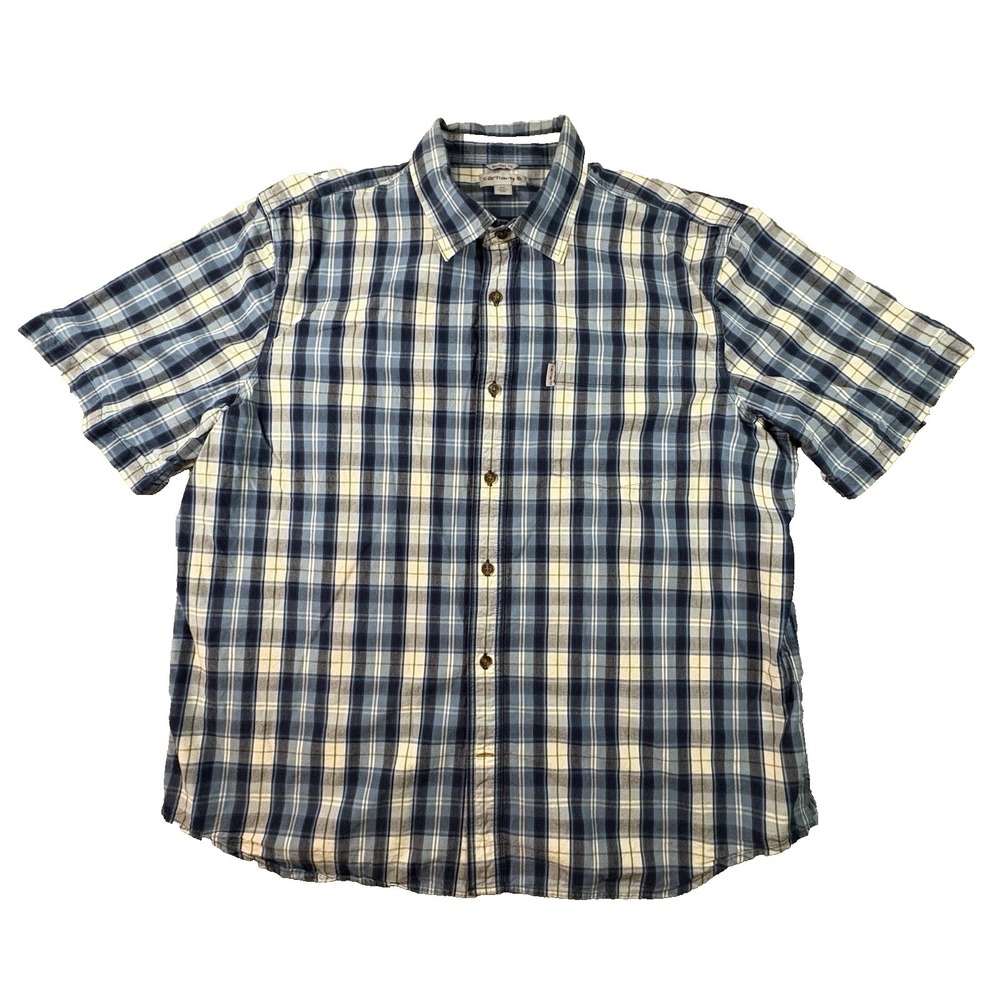 Carhartt Men's 2XL Blue Plaid SS Relaxed Fit Button Up SEE DESCRIPTION